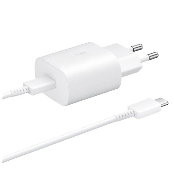 Samsung 25W EP-TA800EWE USB-C wall charger with Samsung EP-DA705BWE USB-C / USB-C cable replacement packaging - whiteeng