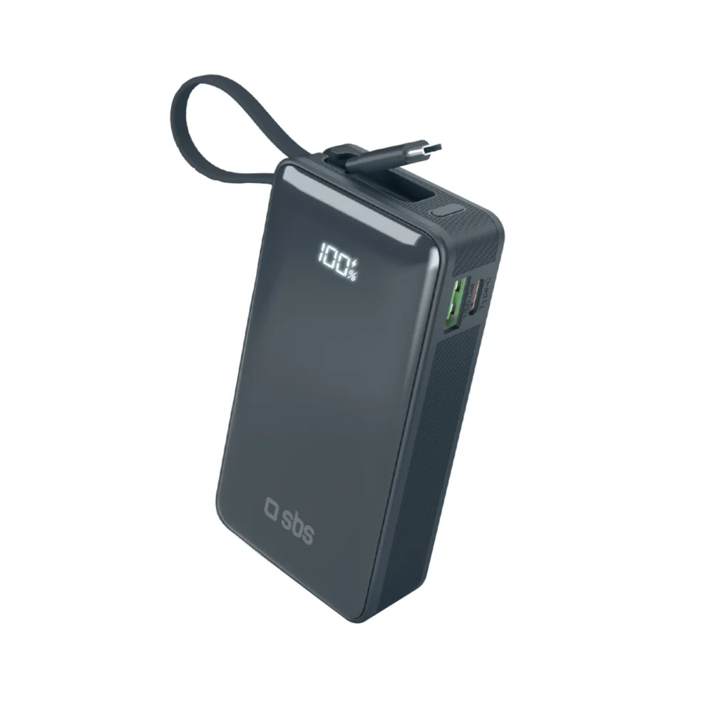 Powerbank SBS 10000 mAh 20W with built-in USB-C cable and digital display - dark grayeng
