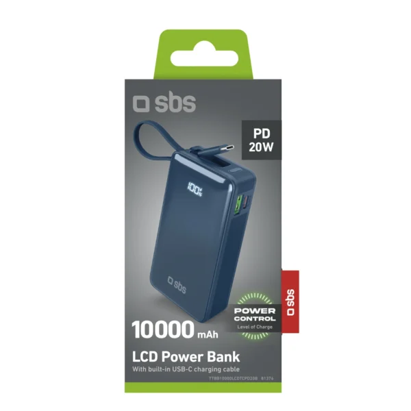 Powerbank SBS 10000 mAh 20W with built-in USB-C cable and digital display - dark grayeng