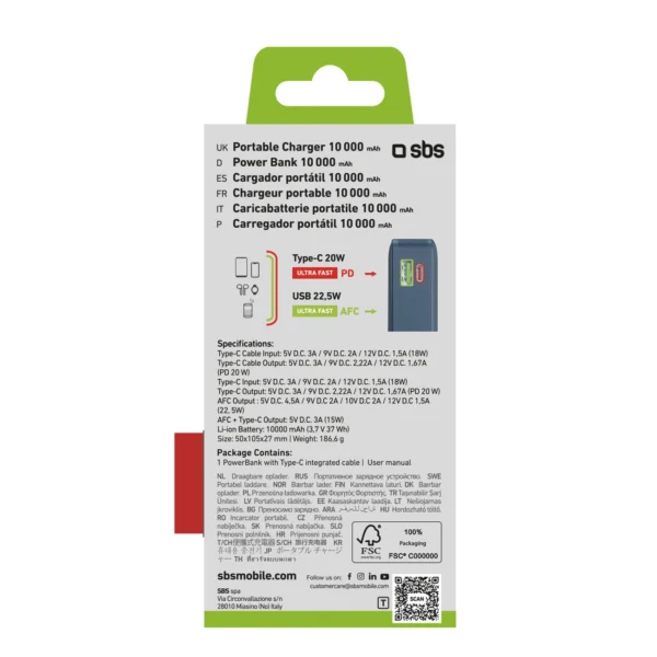 Powerbank SBS 10000 mAh 20W with built-in USB-C cable and digital display - dark grayeng