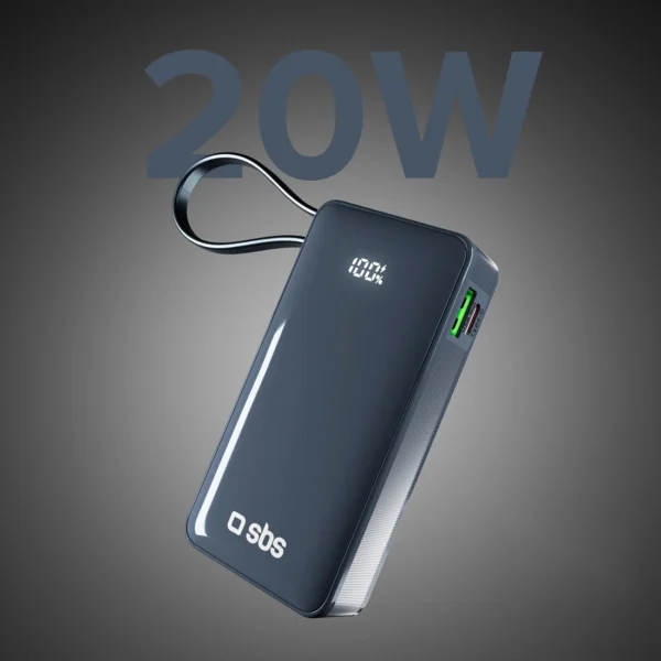 Powerbank SBS 10000 mAh 20W with built-in USB-C cable and digital display - dark grayeng