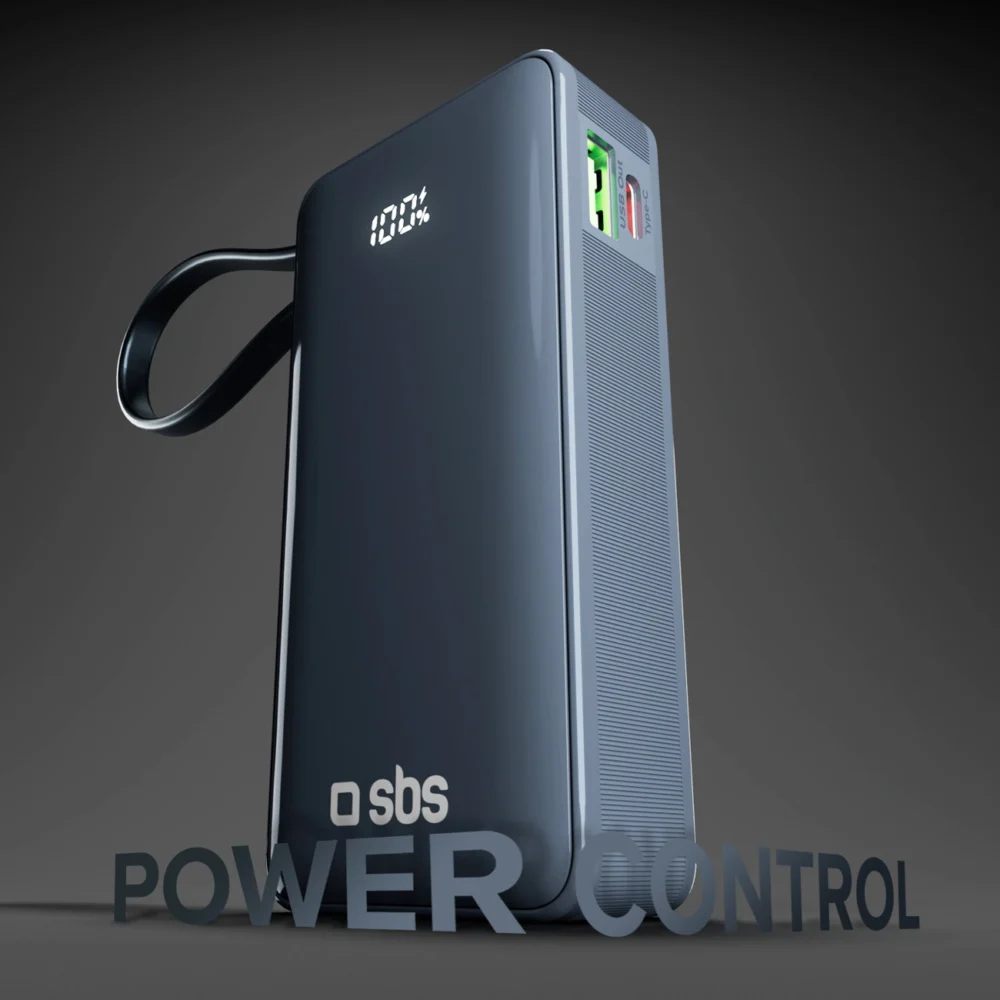 Powerbank SBS 10000 mAh 20W with built-in USB-C cable and digital display - dark grayeng
