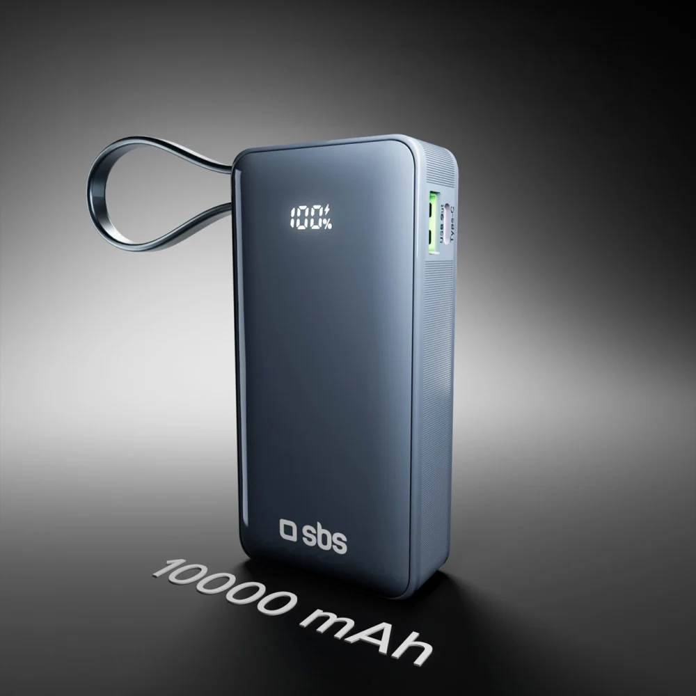 Powerbank SBS 10000 mAh 20W with built-in USB-C cable and digital display - dark grayeng