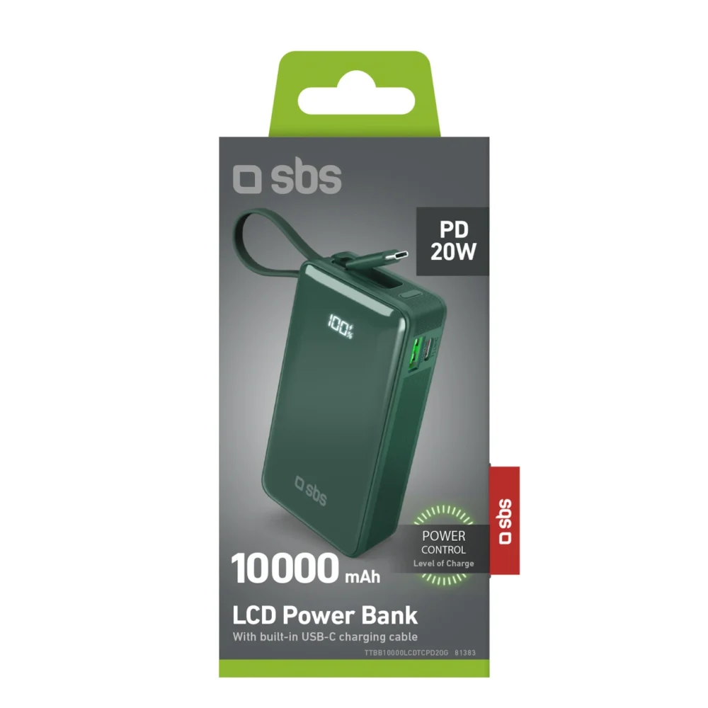 Powerbank SBS 10000 mAh 20W with built-in USB-C cable and digital display - greeneng