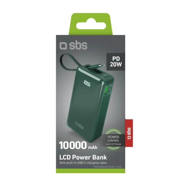 Powerbank SBS 10000 mAh 20W with built-in USB-C cable and digital display - greeneng