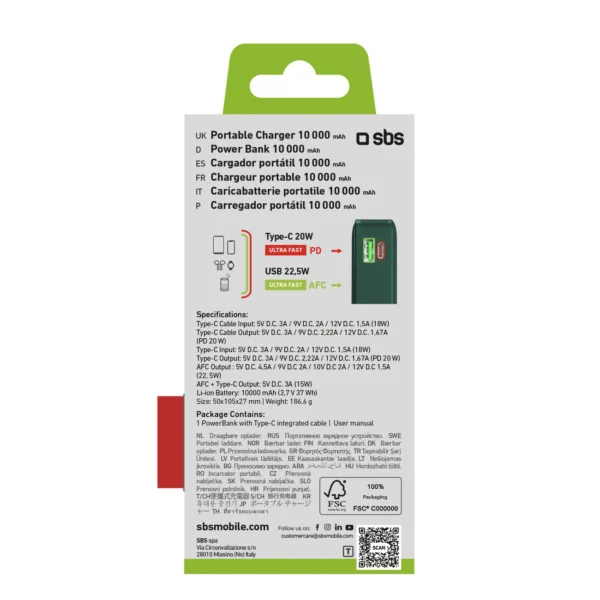 Powerbank SBS 10000 mAh 20W with built-in USB-C cable and digital display - greeneng