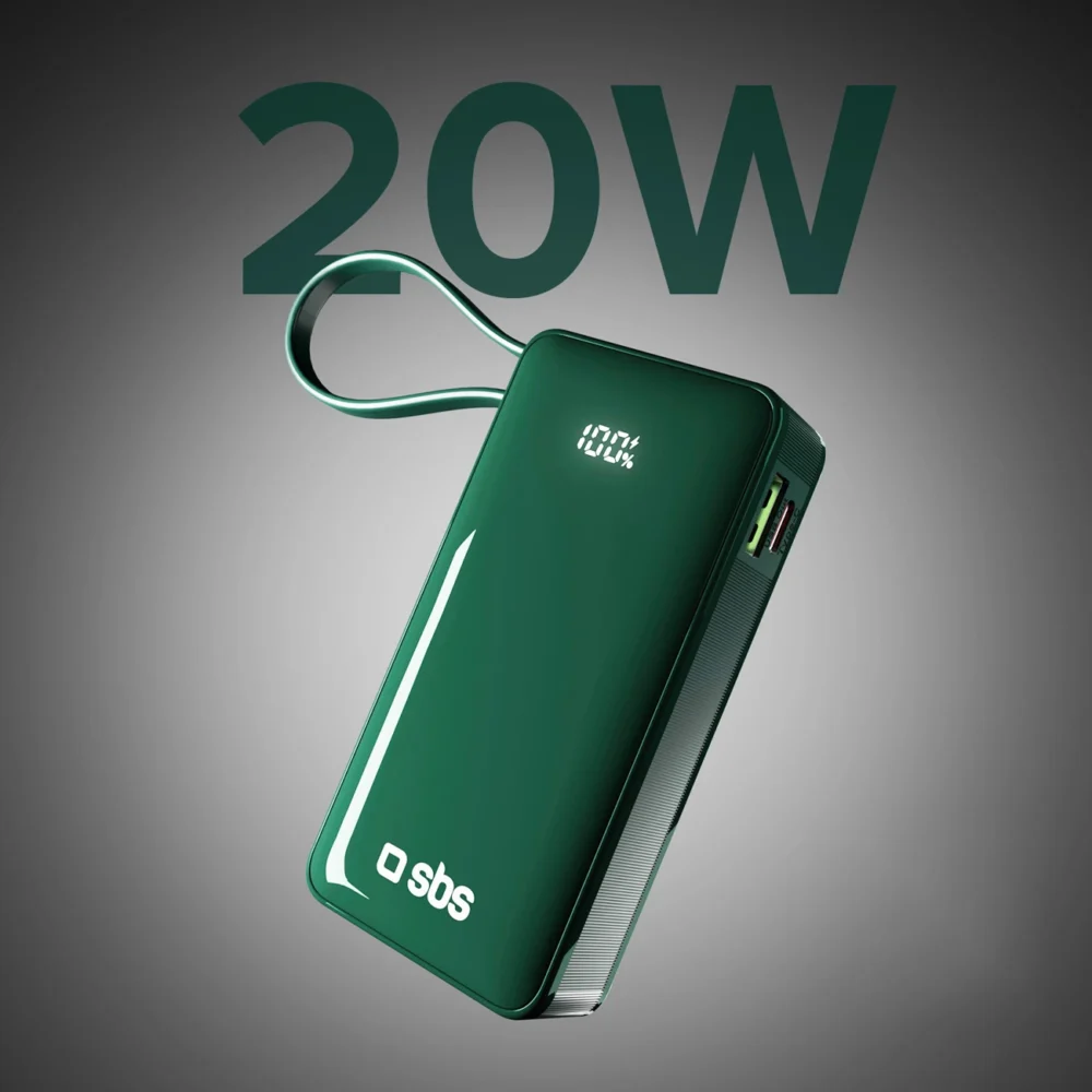 Powerbank SBS 10000 mAh 20W with built-in USB-C cable and digital display - greeneng