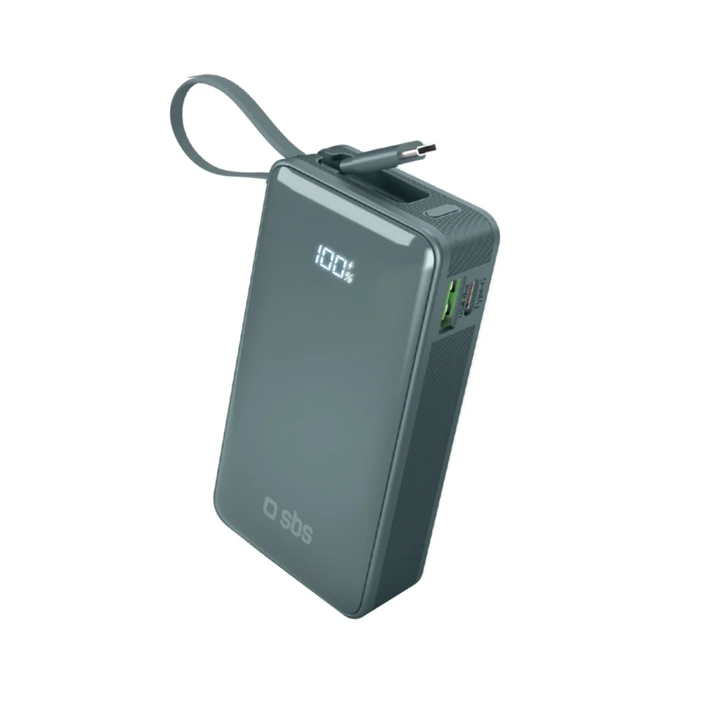 Powerbank SBS 10000 mAh 20W with built-in USB-C cable and digital display - grayeng
