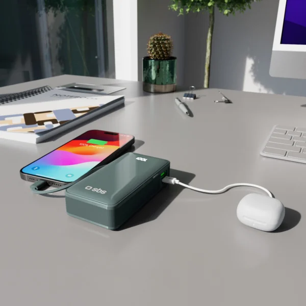 Powerbank SBS 10000 mAh 20W with built-in USB-C cable and digital display - grayeng
