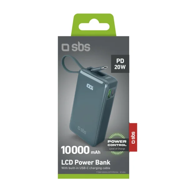 Powerbank SBS 10000 mAh 20W with built-in USB-C cable and digital display - grayeng