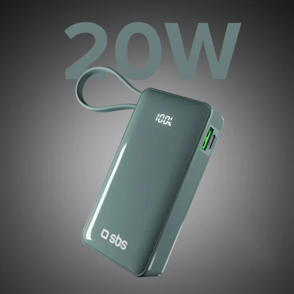Powerbank SBS 10000 mAh 20W with built-in USB-C cable and digital display - grayeng