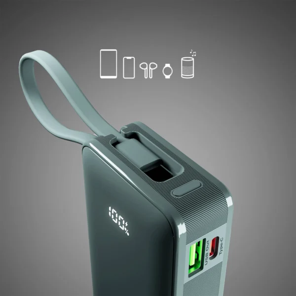 Powerbank SBS 10000 mAh 20W with built-in USB-C cable and digital display - grayeng