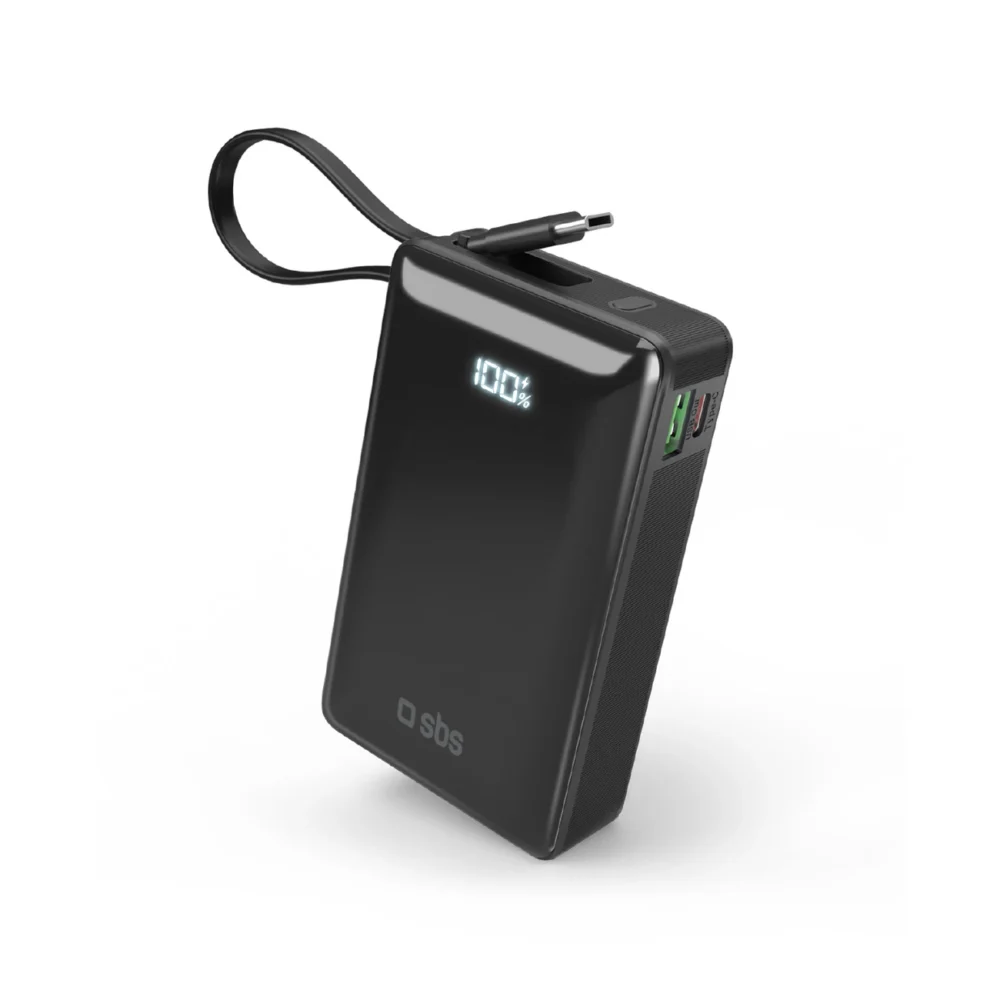 Powerbank SBS 20000 mAh 20W with built-in USB-C cable and digital display - blackeng