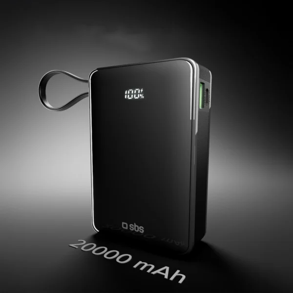 Powerbank SBS 20000 mAh 20W with built-in USB-C cable and digital display - blackeng