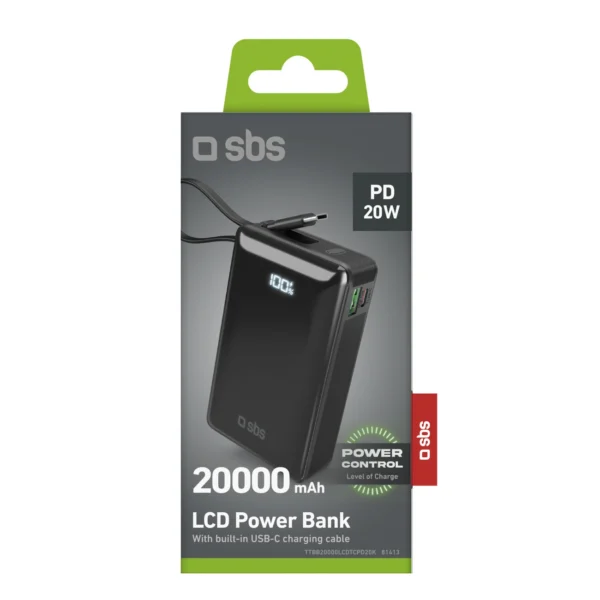 Powerbank SBS 20000 mAh 20W with built-in USB-C cable and digital display - blackeng