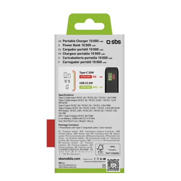 Powerbank SBS 20000 mAh 20W with built-in USB-C cable and digital display - blackeng