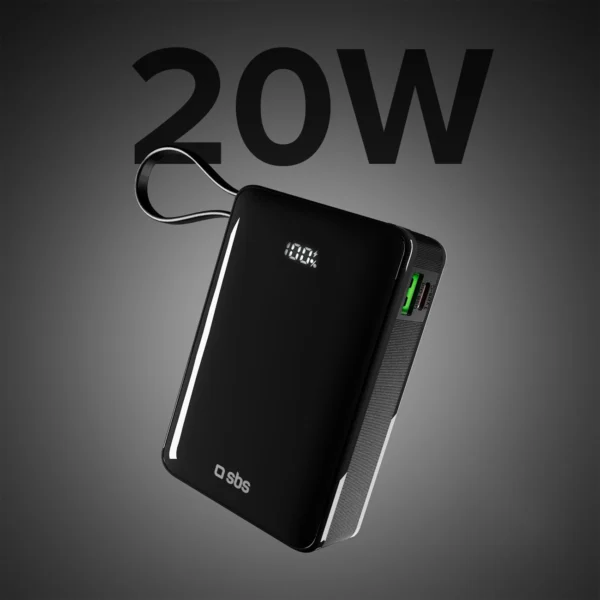 Powerbank SBS 20000 mAh 20W with built-in USB-C cable and digital display - blackeng