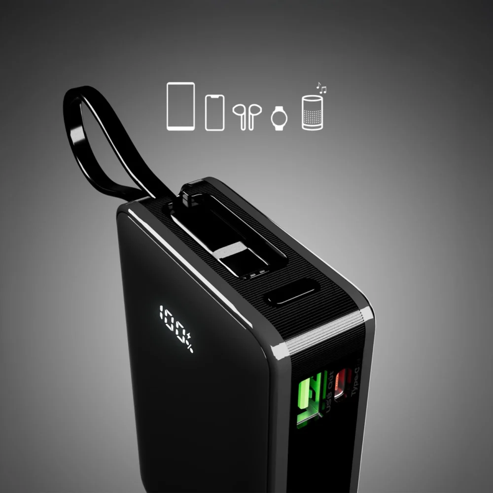 Powerbank SBS 20000 mAh 20W with built-in USB-C cable and digital display - blackeng