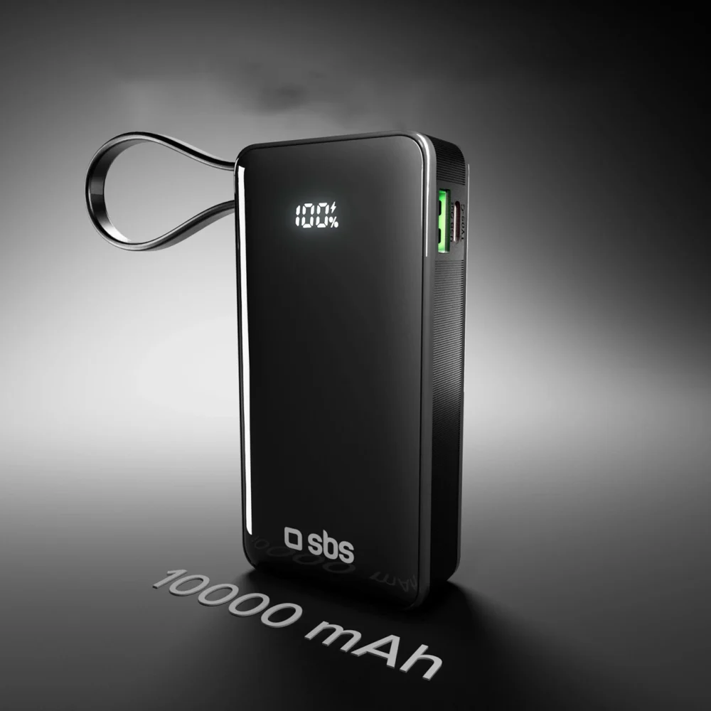 Powerbank SBS 10000 mAh 20W with built-in USB-C cable and digital display - blackeng
