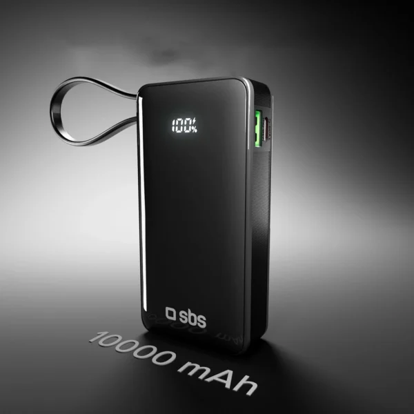 Powerbank SBS 10000 mAh 20W with built-in USB-C cable and digital display - blackeng