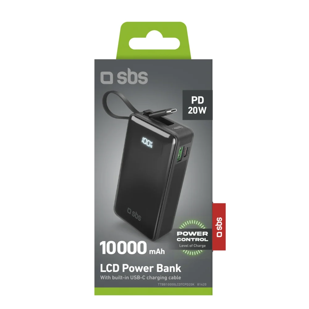 Powerbank SBS 10000 mAh 20W with built-in USB-C cable and digital display - blackeng