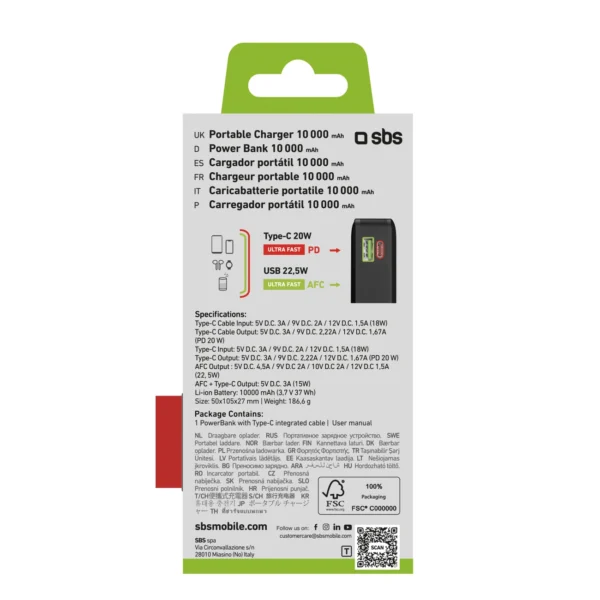Powerbank SBS 10000 mAh 20W with built-in USB-C cable and digital display - blackeng