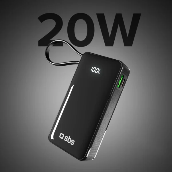 Powerbank SBS 10000 mAh 20W with built-in USB-C cable and digital display - blackeng