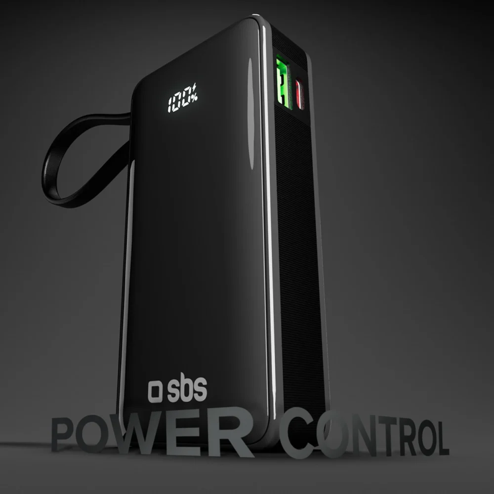 Powerbank SBS 10000 mAh 20W with built-in USB-C cable and digital display - blackeng