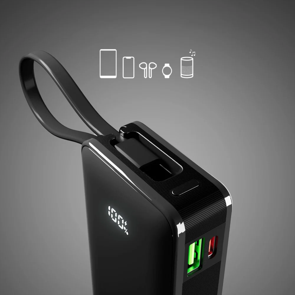 Powerbank SBS 10000 mAh 20W with built-in USB-C cable and digital display - blackeng