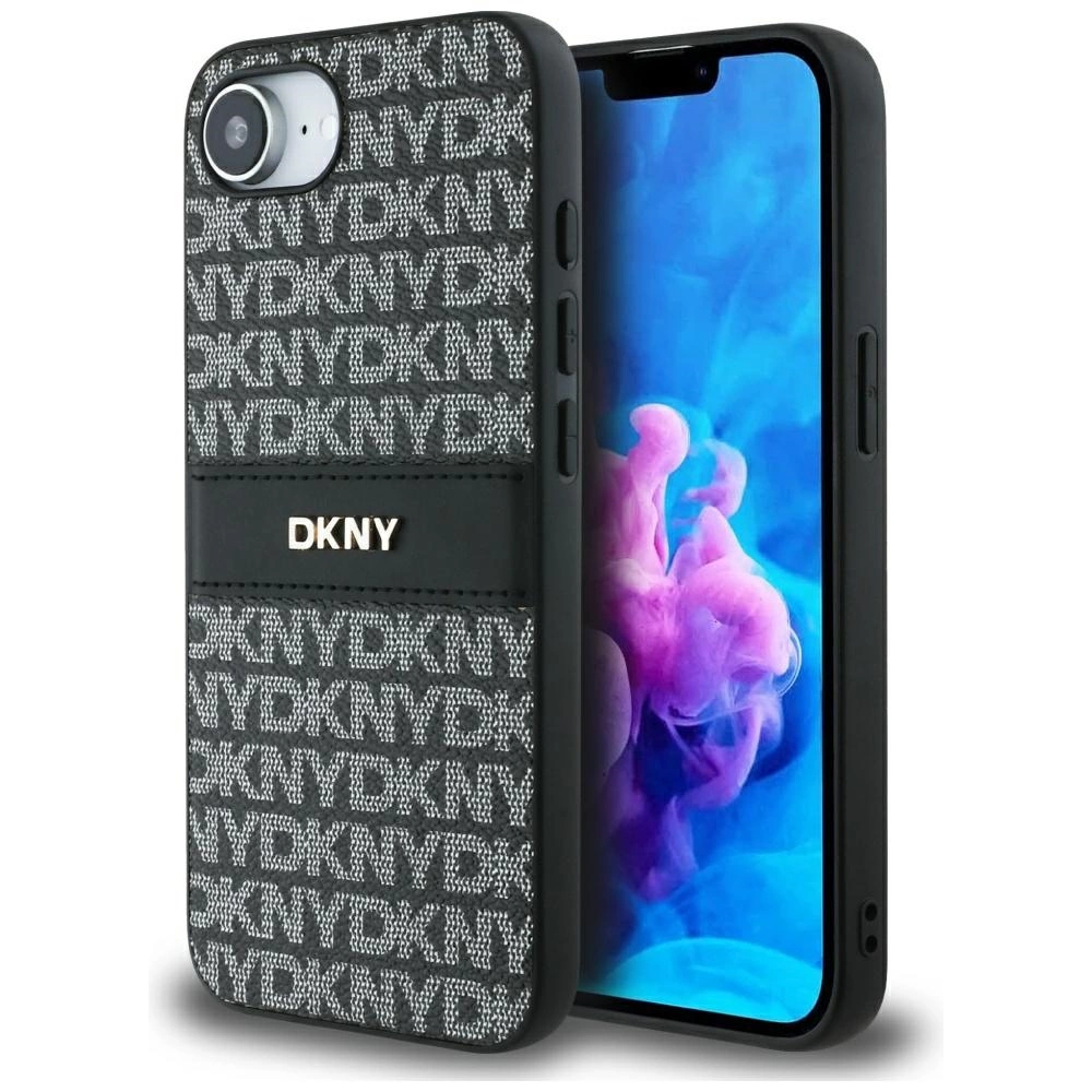 DKNY Repeat Texture Pattern with Tonal Stripe case for iPhone 16e - blackeng