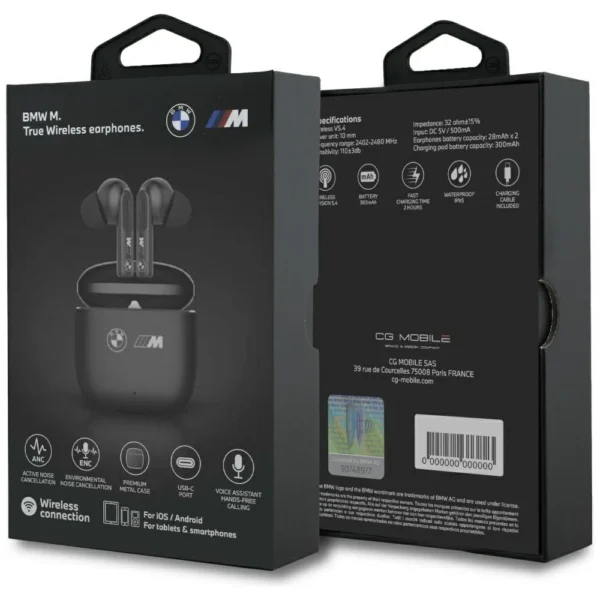 BMW M Metal M Logo Print ANC-ENC TWS Bluetooth Headphones - Blackeng