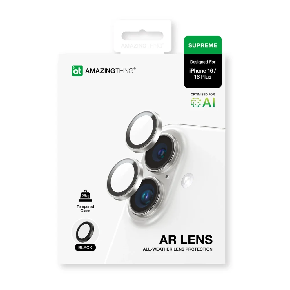 AmazingThing AR Aluminum 2 Lens Glass with Camera Lens Frame for iPhone 16 / 16 Plus - Blackeng