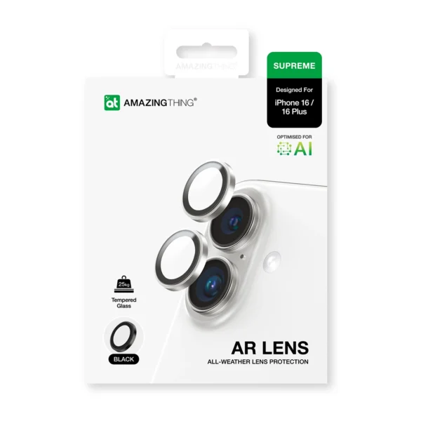 AmazingThing AR Aluminum 2 Lens Glass with Camera Lens Frame for iPhone 16 / 16 Plus - Blackeng