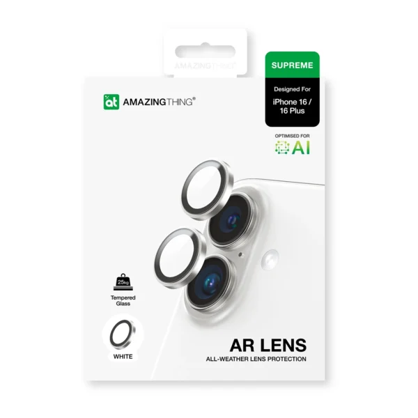 AmazingThing AR Aluminum 2 Lens Glass with Camera Lens Frame for iPhone 16 / 16 Plus - Whiteeng