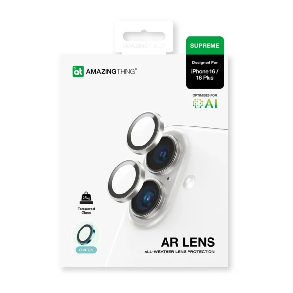 AmazingThing AR Aluminum 2 Lens Glass with Camera Lens Frame for iPhone 16 / 16 Plus - Greeneng