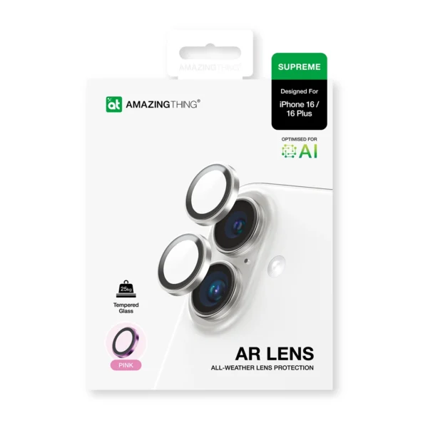 AmazingThing AR Aluminum 2 Lens Glass with Camera Lens Frame for iPhone 16 / 16 Plus - Pinkeng