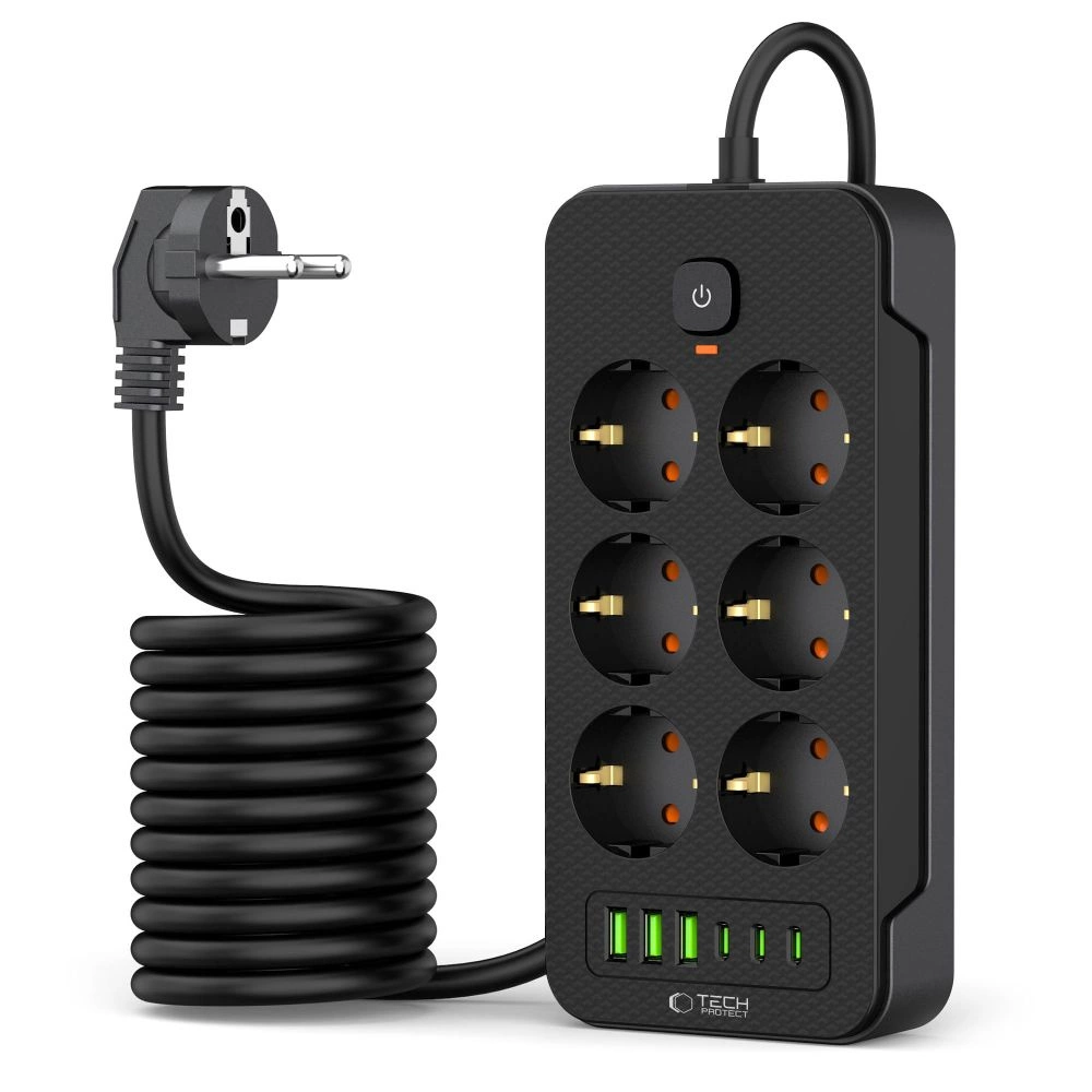 Tech-Protect PC6X6 Power Strip 6 Sockets 240V + 3xUSB-A + 3xUSB-C 200cm - Blackeng