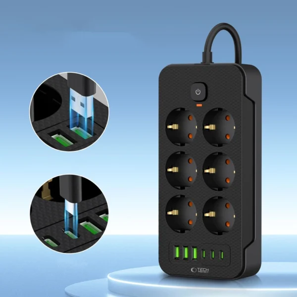 Tech-Protect PC6X6 Power Strip 6 Sockets 240V + 3xUSB-A + 3xUSB-C 200cm - Blackeng