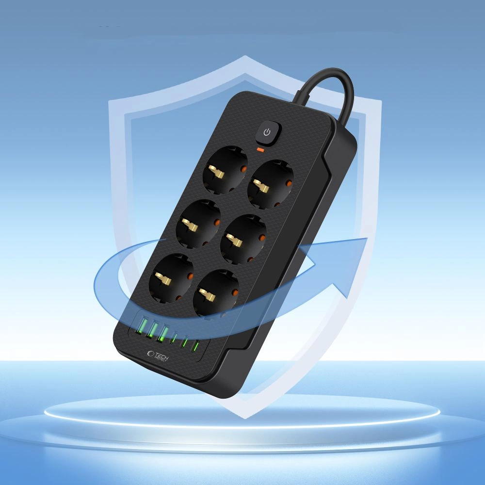 Tech-Protect PC6X6 Power Strip 6 Sockets 240V + 3xUSB-A + 3xUSB-C 200cm - Blackeng
