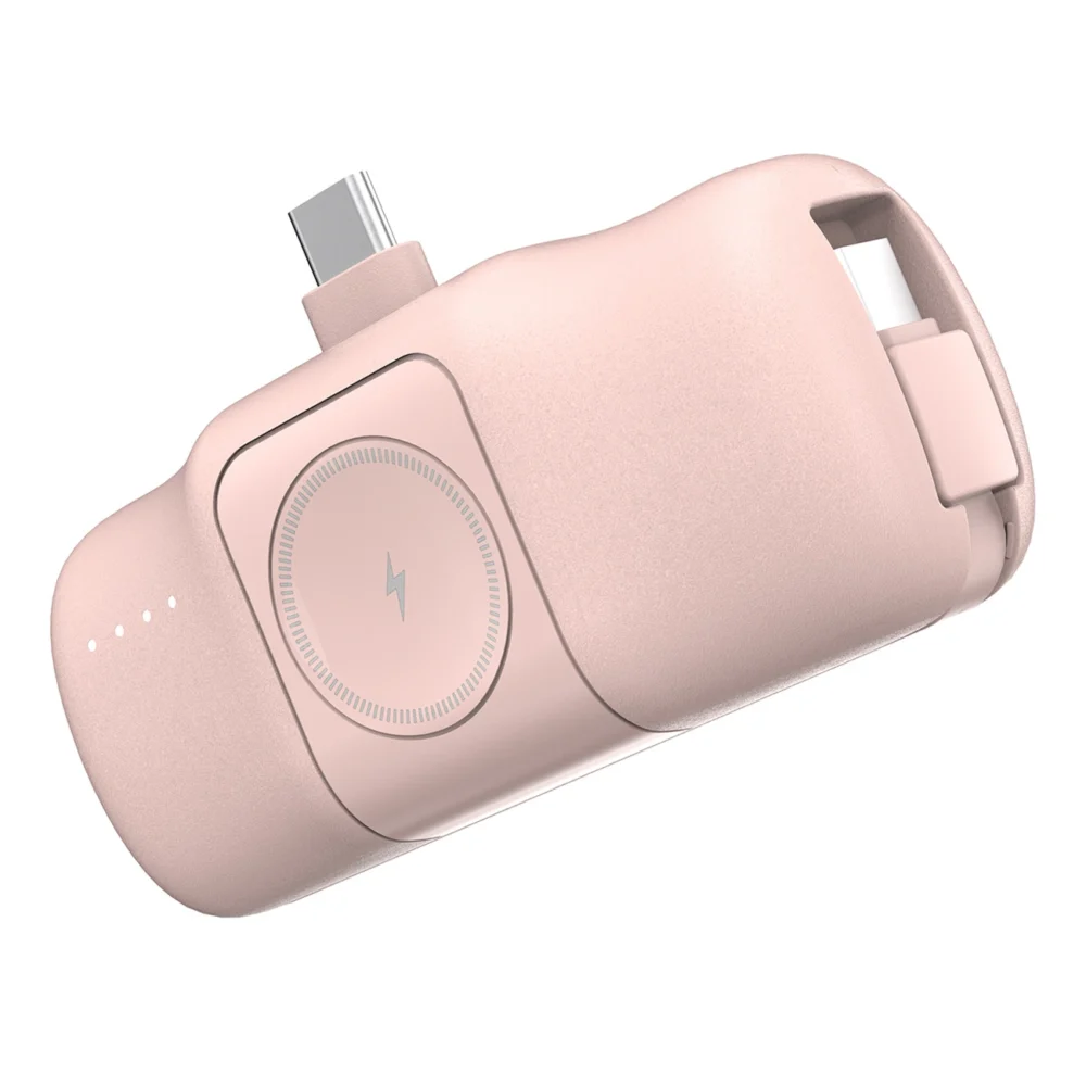 Wozinsky WF16-YCS 5000mAh 15W USB-C Mini Power Bank with Built-in USB-C Cable and Apple Watch Charger - Pinkeng