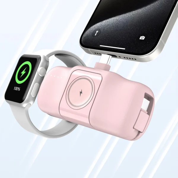 Wozinsky WF16-YCS 5000mAh 15W USB-C Mini Power Bank with Built-in USB-C Cable and Apple Watch Charger - Pinkeng