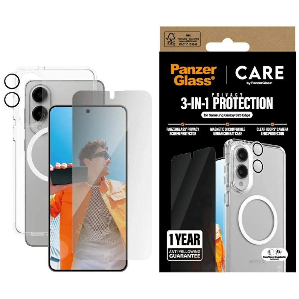CARE by PanzerGlass Flagship 3in1 Case + Privacy Glass + Lens for Samsung Galaxy S25 Edge - transparenteng