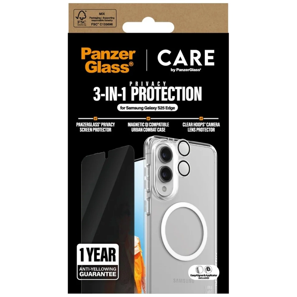 CARE by PanzerGlass Flagship 3in1 Case + Privacy Glass + Lens for Samsung Galaxy S25 Edge - transparenteng