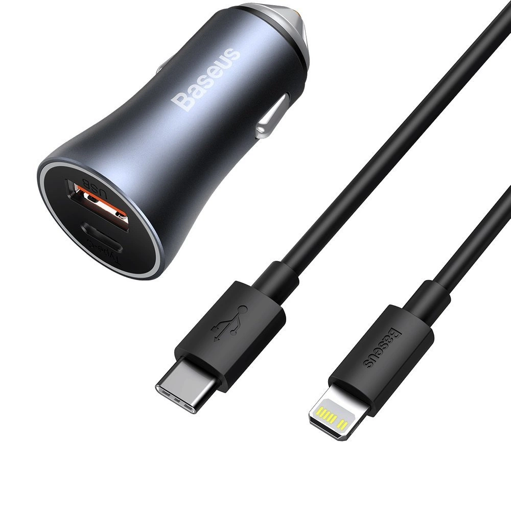 Baseus Golden Contactor Pro fast car charger USB Type C / USB 40 W Power Delivery 3.0 Quick Charge 4+ SCP FCP AFC + USB Type C cable - Lightning gray (TZCCJD-B0G)eng