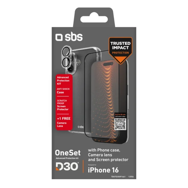 SBS set with D3O technology for iPhone 16 - case + glass screen and camera protector - transparenteng