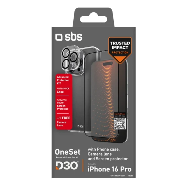 SBS set with D3O technology for iPhone 16 Pro - case + glass screen and camera protector - transparenteng