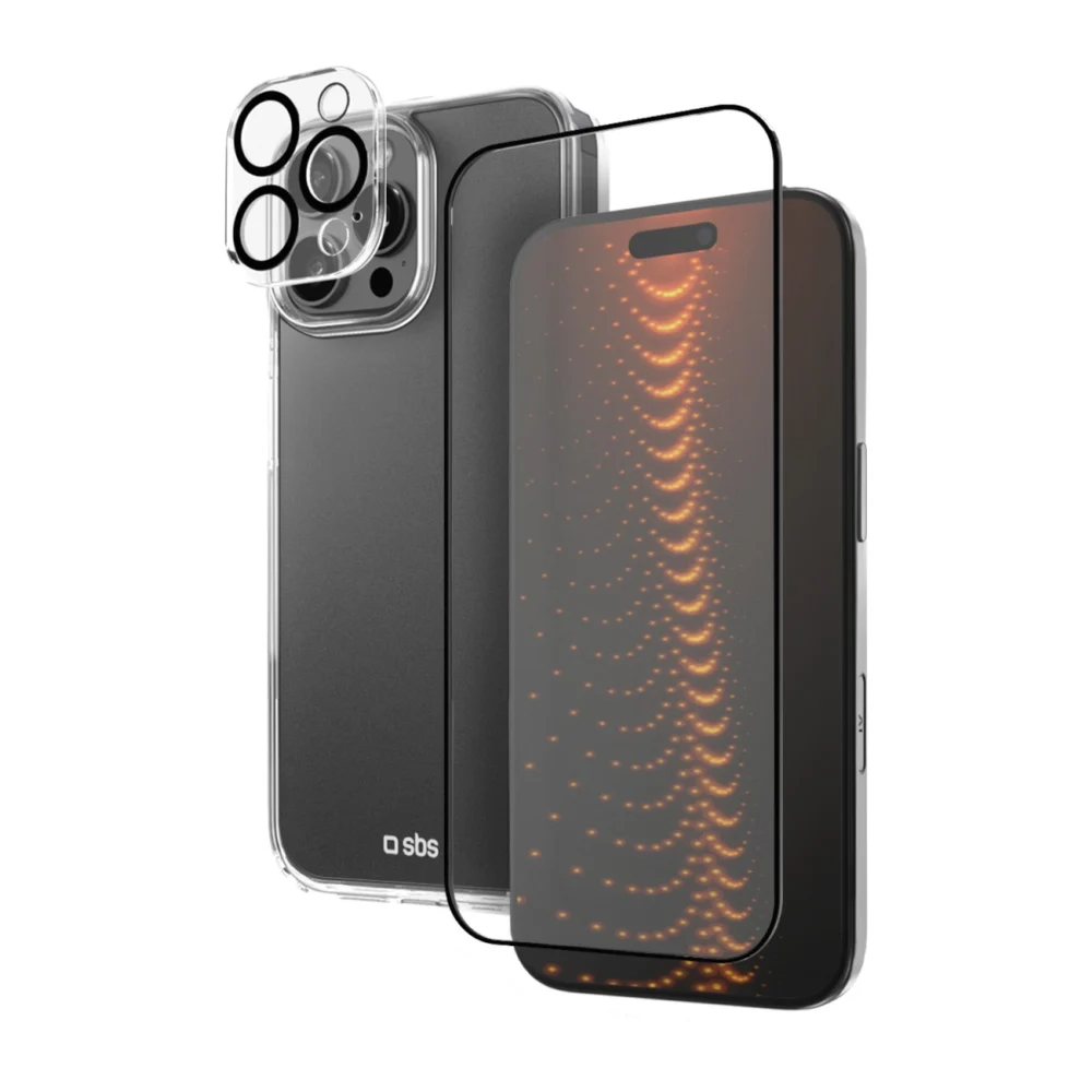 SBS set with D3O technology for iPhone 16 Pro Max - case + glass screen and camera protector - transparenteng