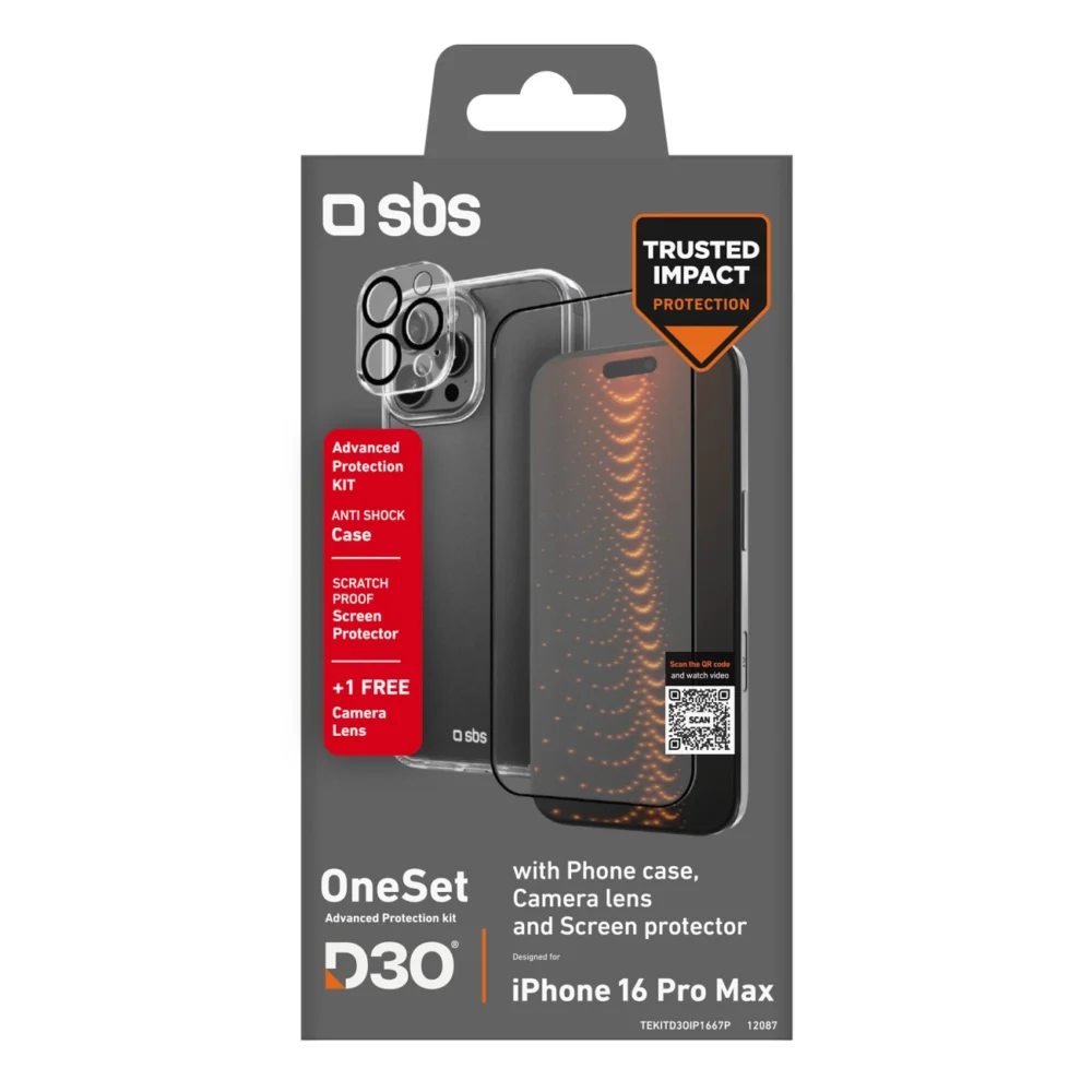 SBS set with D3O technology for iPhone 16 Pro Max - case + glass screen and camera protector - transparenteng