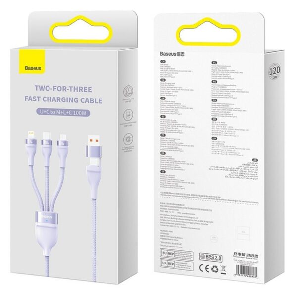 BASEUS cable 3in1 USB A / Typ C to Micro USB / Lightning / Type C PD QC 5A 100W CASS030105 1,2 m purple