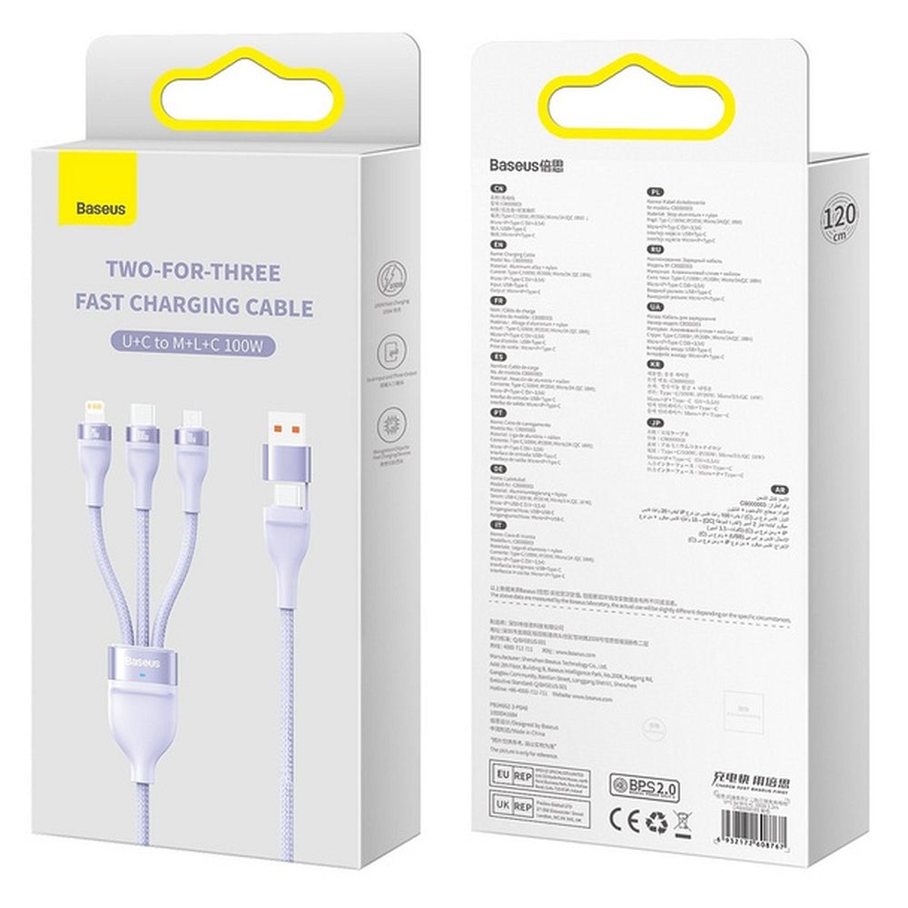 BASEUS cable 3in1 USB A / Typ C to Micro USB / Lightning / Type C PD QC 5A 100W CASS030105 1,2 m purple